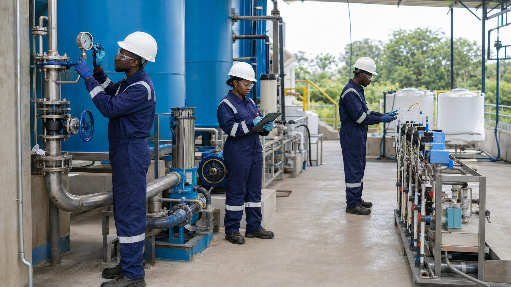 East African technicians operating industrial water treatment equipment